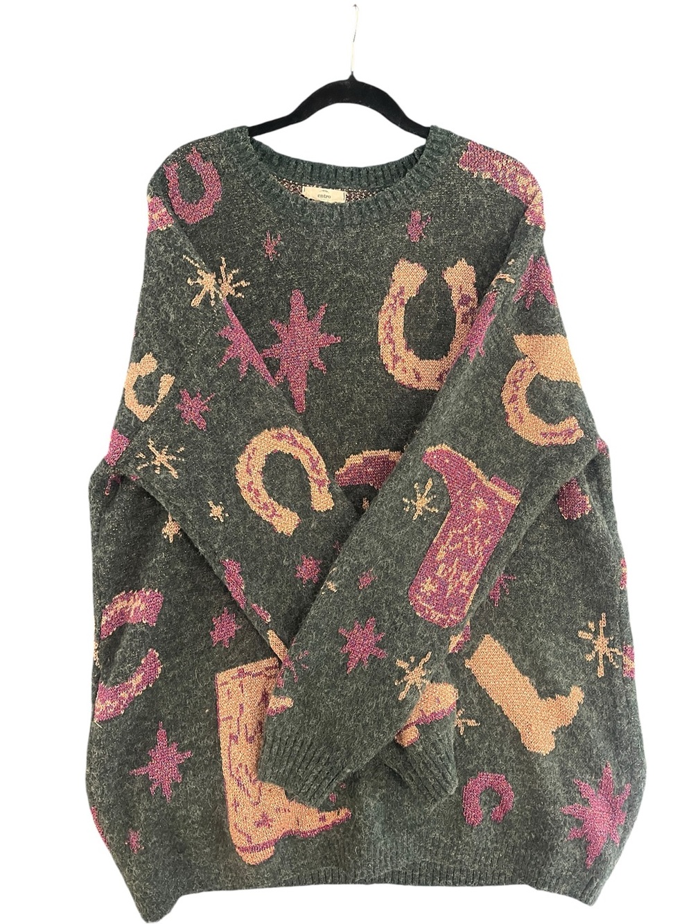 entro Fuzzy Western Sweater Country Christmas in Green, Pink Chic Soul 1x - Picture 2 of 4